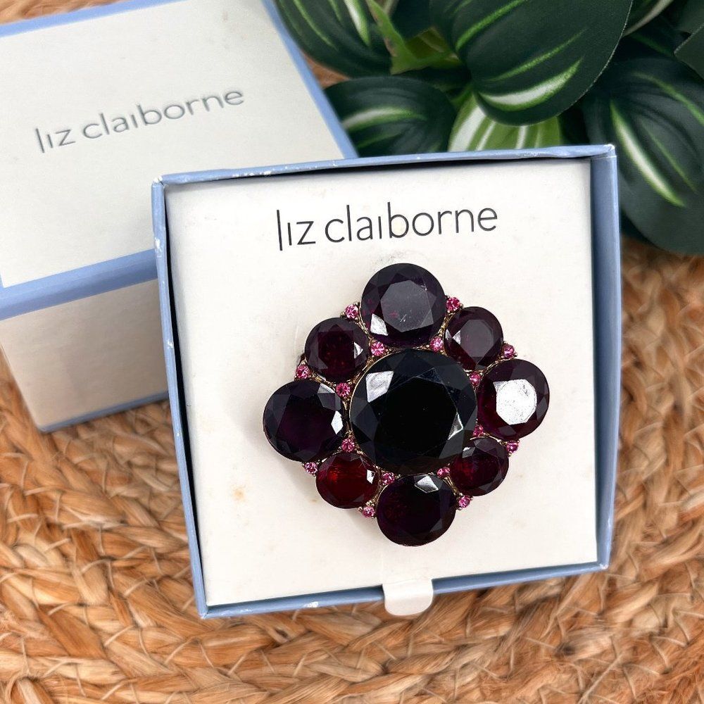 Liz Claiborne Deep Red Big Stone Pin Brooch Plum Gold NIB